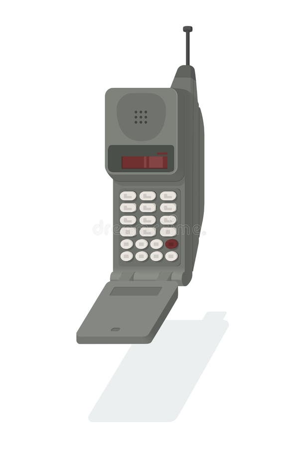 Celular antigo com antena. primeiro telefone celular portátil de 1973.  grande celular retrô sem fio dos anos 70, 80, modelo portátil. ilustração  em vetor gráfico plana isolada no fundo branco.