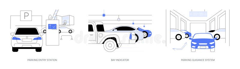 Conjunto realista de estacionamento com carro em bilhetes de estacionamento  e elementos de tecnologia de assistente de estacionamento automático  isolado ilustração vetorial