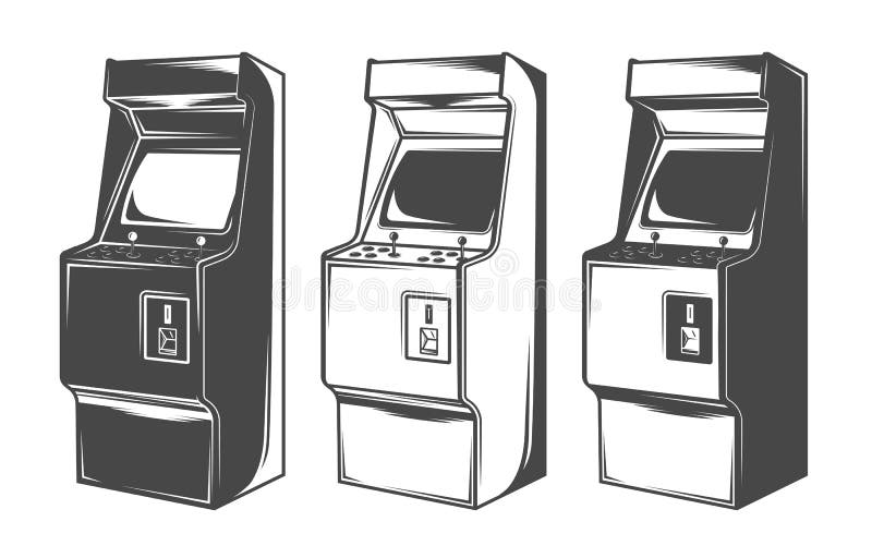 Máquina de arcade retro dos desenhos animados com tela de jogo. console do  velho jogador dos anos 80 com botões e joystick. cartaz de vetor com  monitor de arcada plana. ilustração de