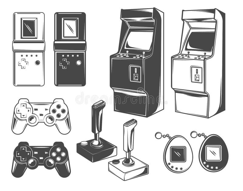 Um conjunto de jogos retrô dos anos 90, 80. antigos jogos eletrônicos  tamagotchi, joystick, console, arcade