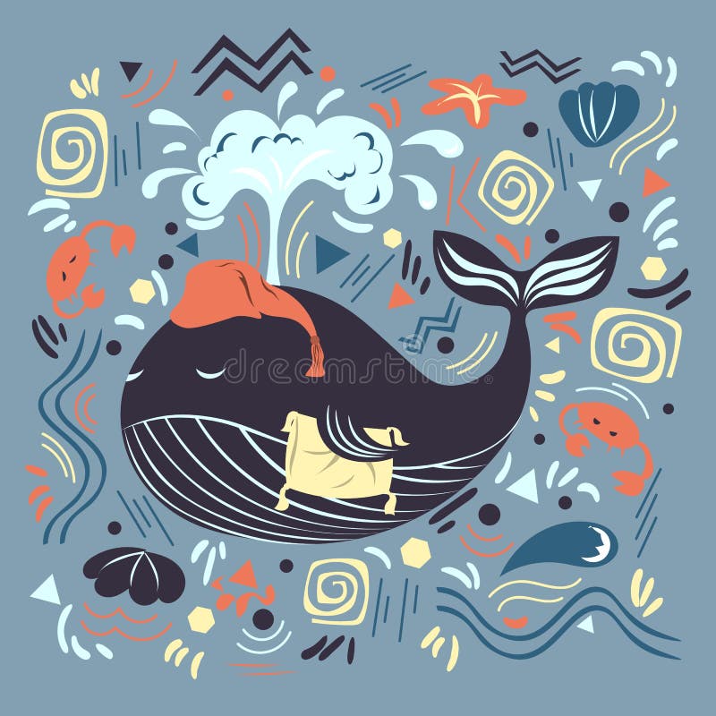 Ilustra??o gr?fica do vetor com ornamento e s?mbolos Baleia azul grande em um tampão para dormir e com uma axila do descanso ilustração royalty free Ilustra??o gr?fica do vetor com ornamento e s?mbolos Baleia azul grande em um tampão para dormir e com uma axila do descanso ilustração royalty free
