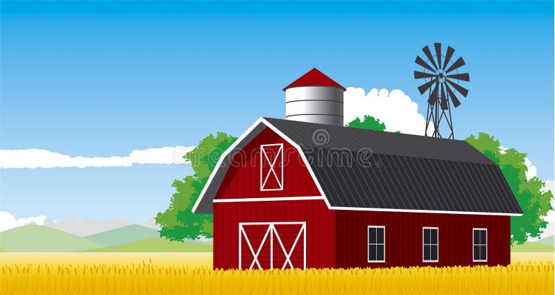 Vector illustration of a red barn on a golden wheat field with a blue sky, clouds, trees, windmill and a grain storage