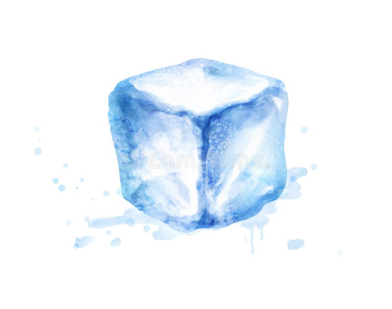Dibujo acuarela de cubitos de hielo con un chorrito de agua.