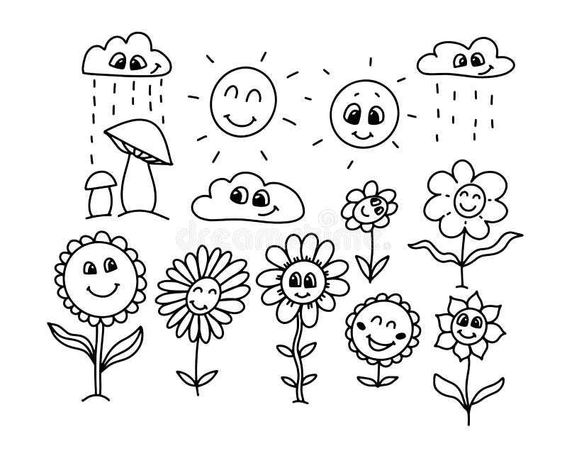 Ilustración De Línea Para Libro De Colorear Para Niños. Conjunto De Flores  De Dibujos Animados Lindo Con Caras Amistosas Sol Y Nub Ilustración del  Vector - Ilustración de hermoso, emoticono: 220232993