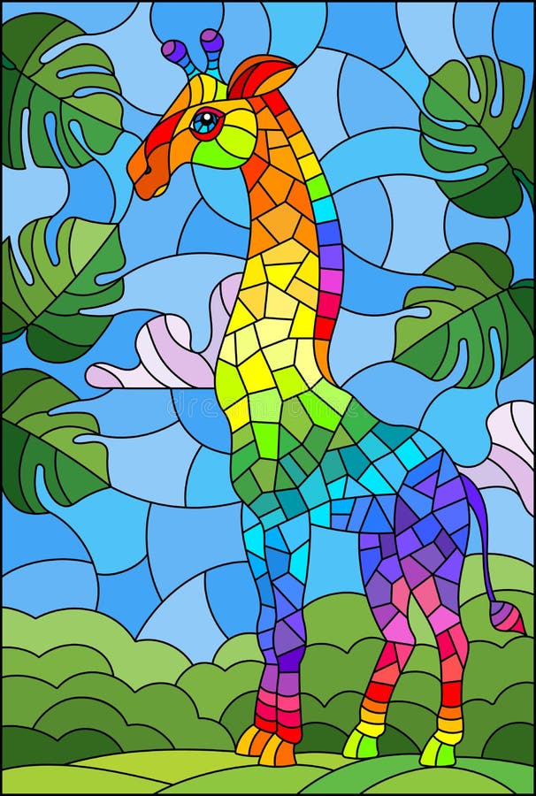 Ilustración De Vidrio Manchado Con Dos Jirafas Abstractas Arco Iris Sobre  Un Fondo Verde Y Cielo Ilustración del Vector - Ilustración de batik,  muestra: 170398971