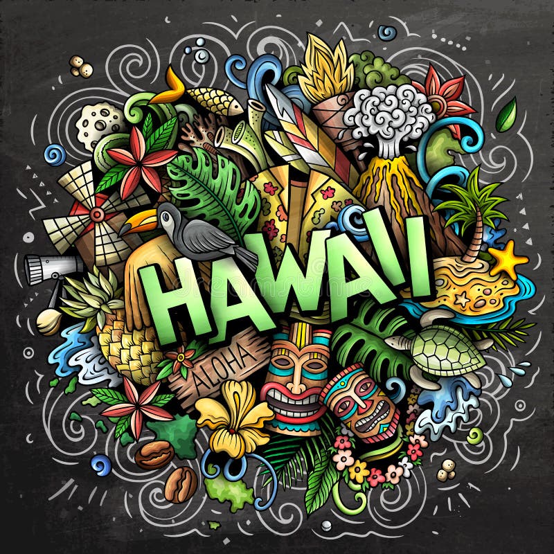 Ilustración Del Doodle De Dibujos Animados De Hawaii. Diseño Hawaiano  Divertido Ilustración del Vector - Ilustración de garabatos, paisaje:  224082534