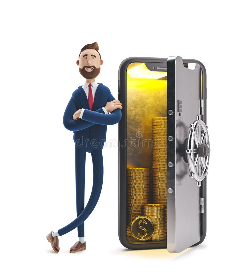 Cartoon character Billy stand with a telephone in the form of a safe. Mobile banking concept. Online Bank. 3d illustration. Cartoon character Billy stand with a telephone in the form of a safe. Mobile banking concept. Online Bank. 3d illustration