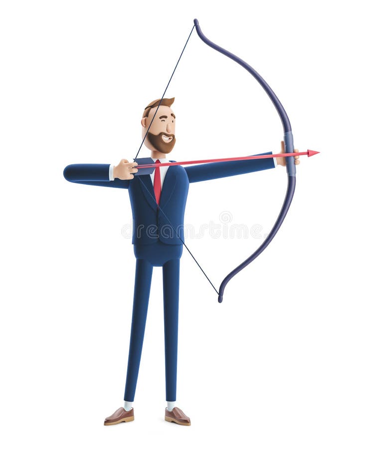 Cartoon character businessman Billy aiming with bow and arrow. 3d illustration. Cartoon character businessman Billy aiming with bow and arrow. 3d illustration