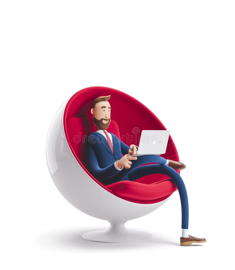 Handsome cartoon character Billy sitting in an egg chair with laptop. 3d illustration. Handsome cartoon character Billy sitting in an egg chair with laptop. 3d illustration