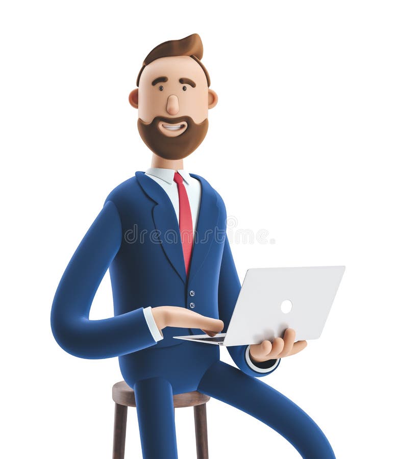 Portrait of a handsome cartoon character with laptop. 3d illustration. Portrait of a handsome cartoon character with laptop. 3d illustration