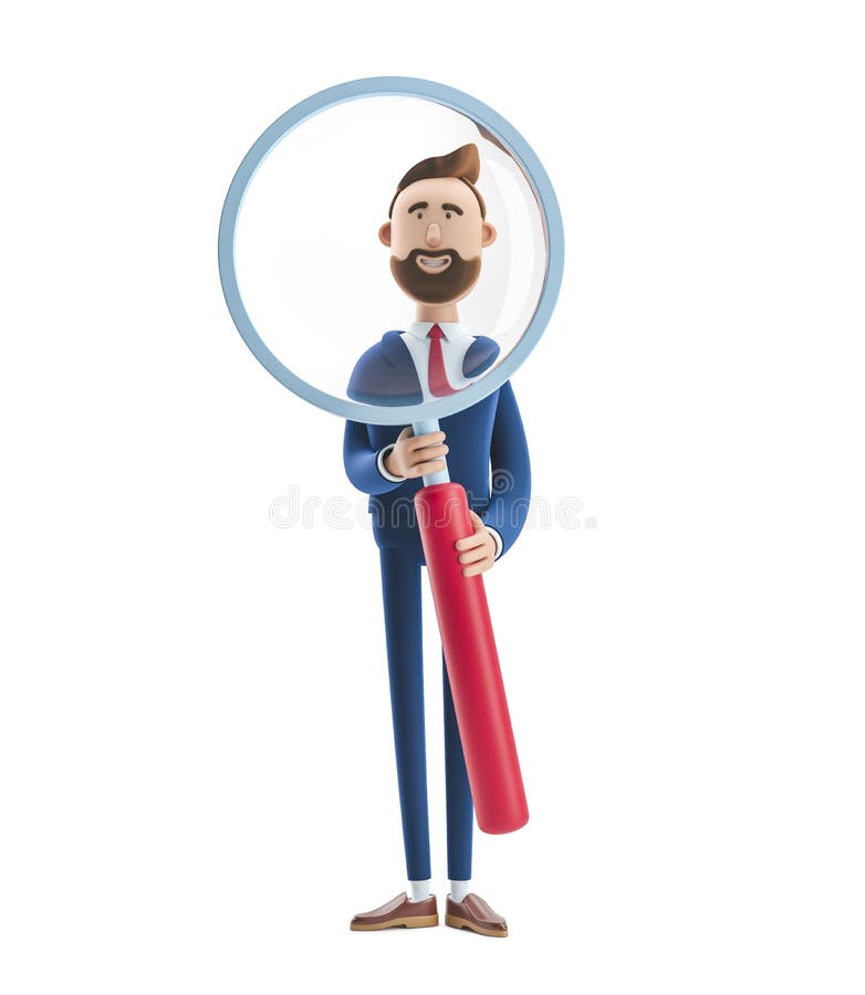 Portrait of a handsome cartoon character with magnifier.. 3d illustration. Portrait of a handsome cartoon character with magnifier.. 3d illustration