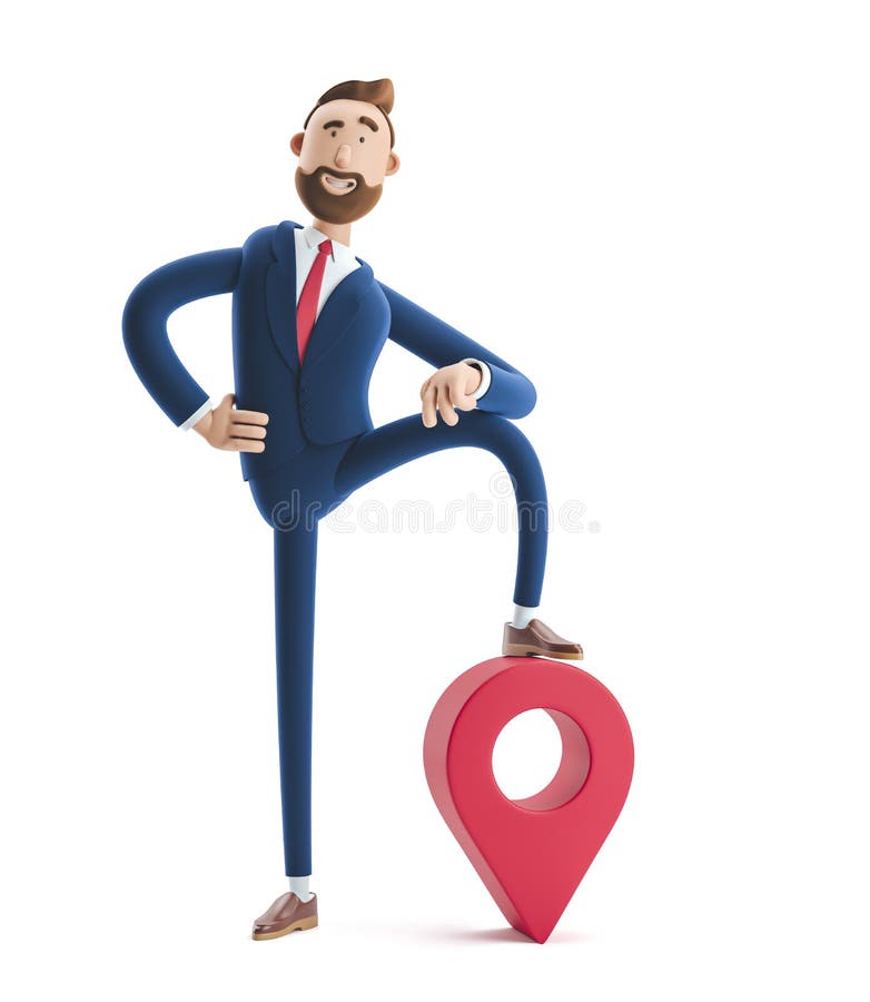 Portrait of a handsome cartoon character and map pin. GPS concept. 3d illustration. Portrait of a handsome cartoon character and map pin. GPS concept. 3d illustration