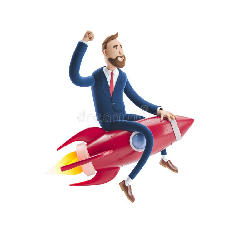 Businessman Billy flying on a rocket up. 3d illustration. Concept of  business startup, launching of a new company. Businessman Billy flying on a rocket up. 3d illustration. Concept of  business startup, launching of a new company.