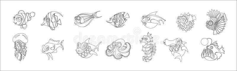 Tropical sea fishes and creatures line vector illustrations big icons set. Pack of linear underwater habitats on white background. Childish cartoon design. Tropical sea fishes and creatures line vector illustrations big icons set. Pack of linear underwater habitats on white background. Childish cartoon design