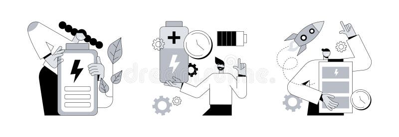 Rechargeable battery abstract concept vector illustration set. Eco battery runtime, fast charging technology, energy capacity, storage technology, environmentally friendly solution abstract metaphor. Rechargeable battery abstract concept vector illustration set. Eco battery runtime, fast charging technology, energy capacity, storage technology, environmentally friendly solution abstract metaphor.