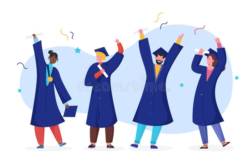 Ilustraciones vectoriales de graduados universitarios ilustraciones de dibujos animados felices graduados llanos en la gorra acadé libre illustration