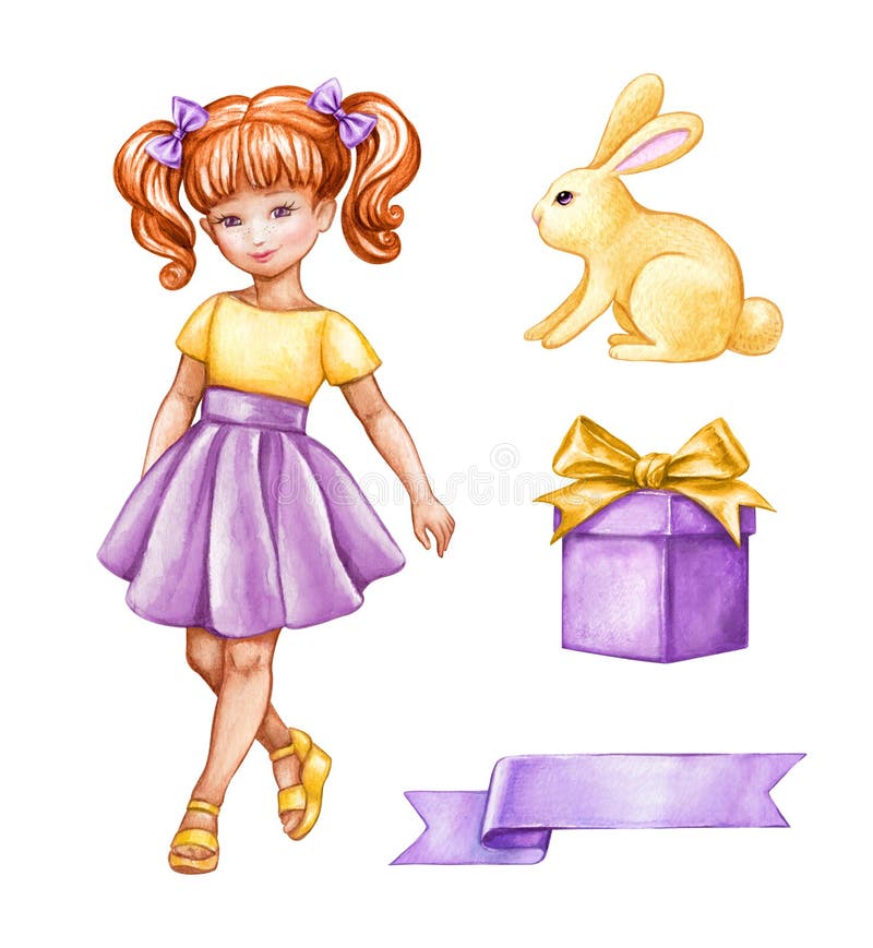 IlustraciÃ³n acuarela, chica con falda amarilla y violeta, coqueta linda, fiesta de Pascua, conejito, caja de regalo, arte de vide