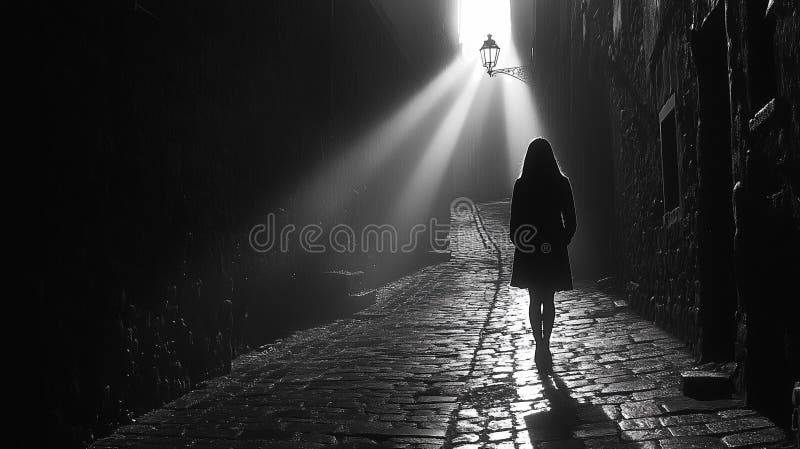 Ilustración ai de una silueta de una mujer caminando por un callejón de adoquín con luz dramática libre illustration
