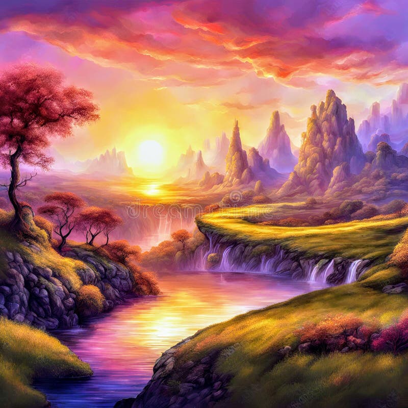 Ilustración aérea de un paisaje de fantasía vívida con coloridas montañas al atardecer ilustración del vector