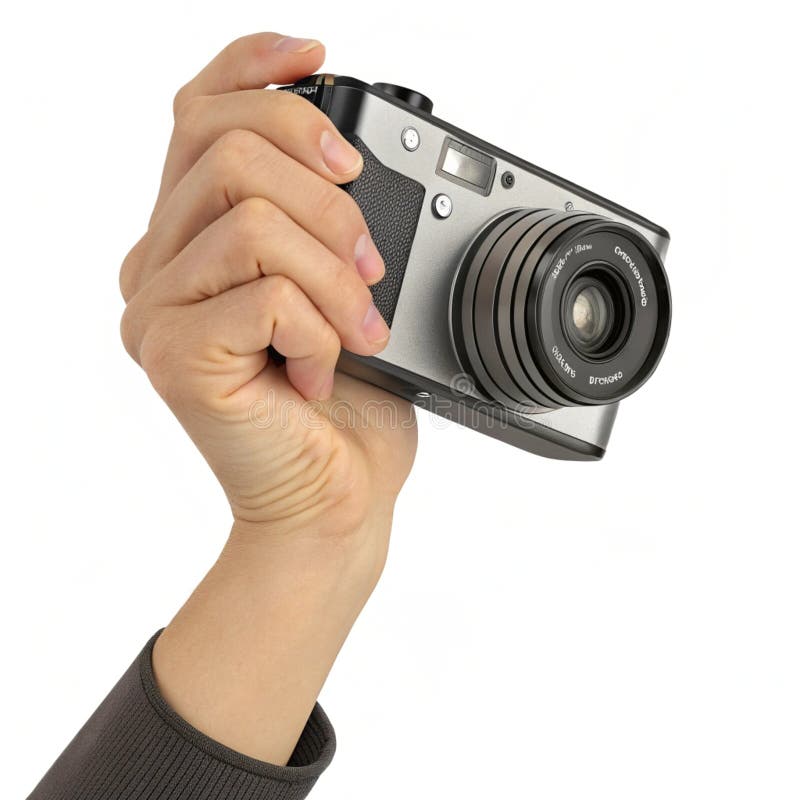 Ilustración 3D de la cámara de retención manual. Ilustración 3D de una mano sosteniendo una cámara aislada en un fondo blanco que simboliza la creación de contenido fotográfico y los medios