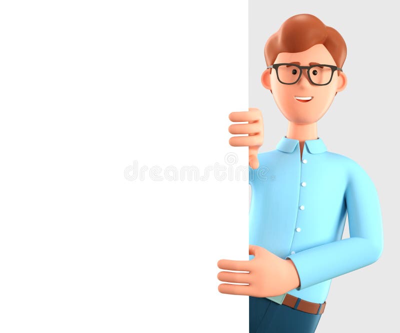 3D illustration of happy man holding a blank presentation or information board. Close up portrait of cute cartoon smiling businessman with advertising placard. 3D illustration of happy man holding a blank presentation or information board. Close up portrait of cute cartoon smiling businessman with advertising placard