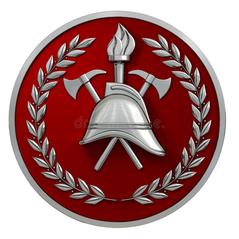 ilustración 3D Insignia del bombero Casco de plata del vintage, hachas, antorcha, ramas de olivo en una medalla roja Aislado ilustración del vector ilustración 3D Insignia del bombero Casco de plata del vintage, hachas, antorcha, ramas de olivo en una medalla roja Aislado ilustración del vector