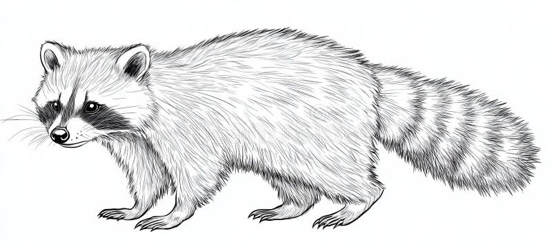 Ilustración de arte en línea de Raccoon FullBody Profile aislado en libro de colorantes para adultos blancos stock de ilustración