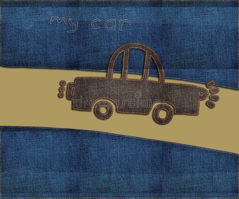 Ilustración de automóviles y carreteras realizada por vaqueros costeros. Ilustración de automóviles y carreteras realizada por objetos texturados de vaqueros de costura