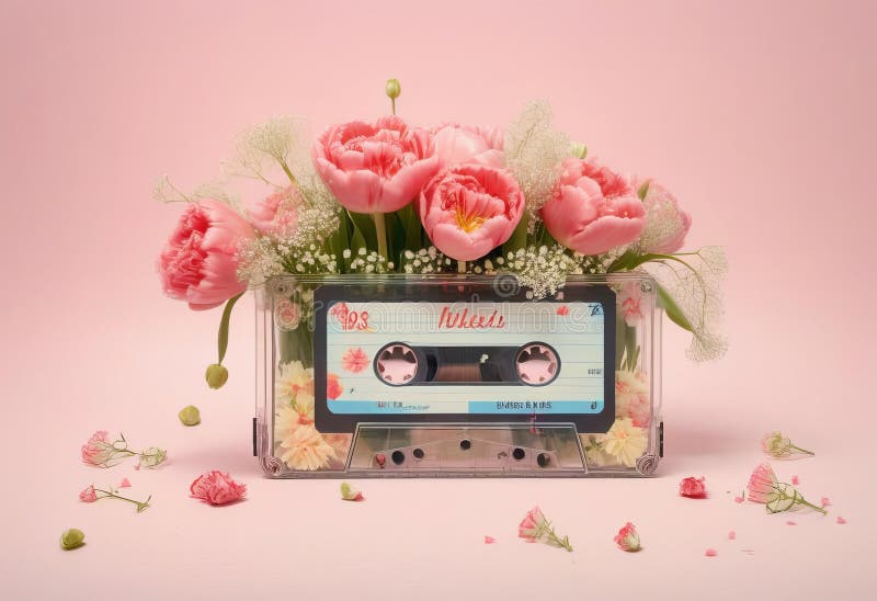Ilustración de cassette de música retro recubierto de flores. Ilustración generada por ai de cassette de música retro cubierto de flores