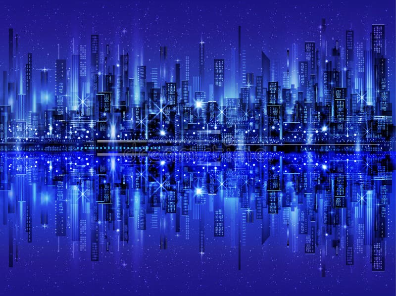 Ilustración de ciudad nocturna vectorial con resplandor de neón y colores vivos