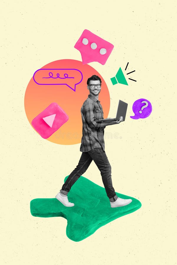 Ilustración de collage del joven y divertido blogger trabajador hold netbook smm manager use laptop analysis stats de youtube aisl.