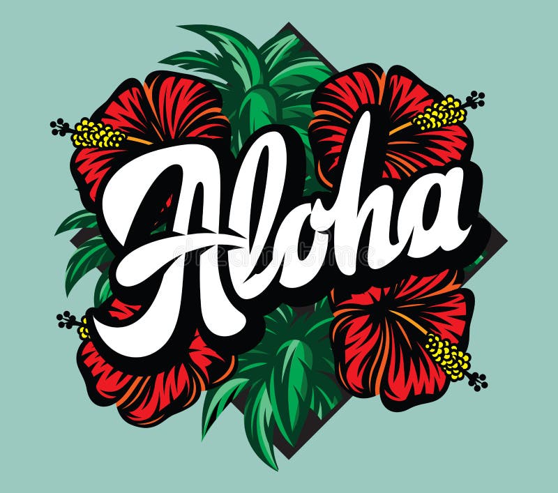 Ilustración de color vectorial con hojas de palma con letras aloha e hibiscus
