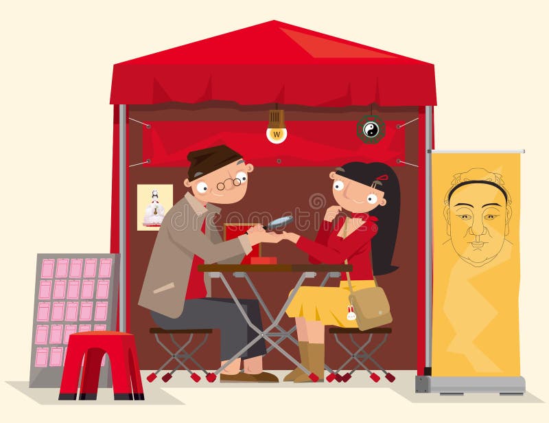 Ilustración de dibujos animados de un adivino chino en la carretera en hong kong