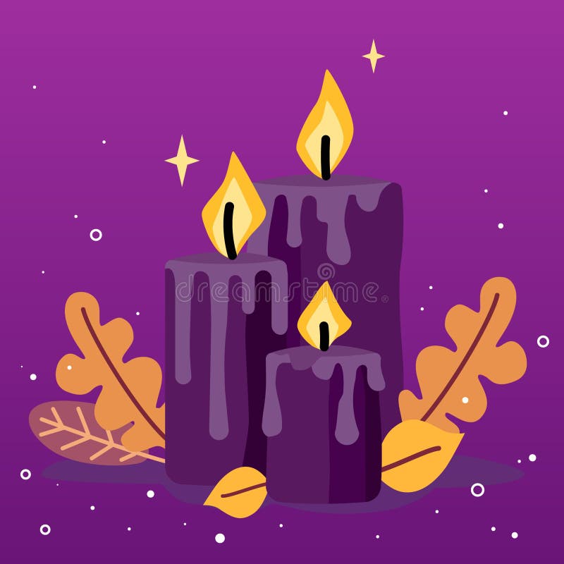 Ilustración de Halloween con velas moradas y hojas de otoño ilustración del vector Ilustración de Halloween con velas moradas y hojas de otoño ilustración del vector