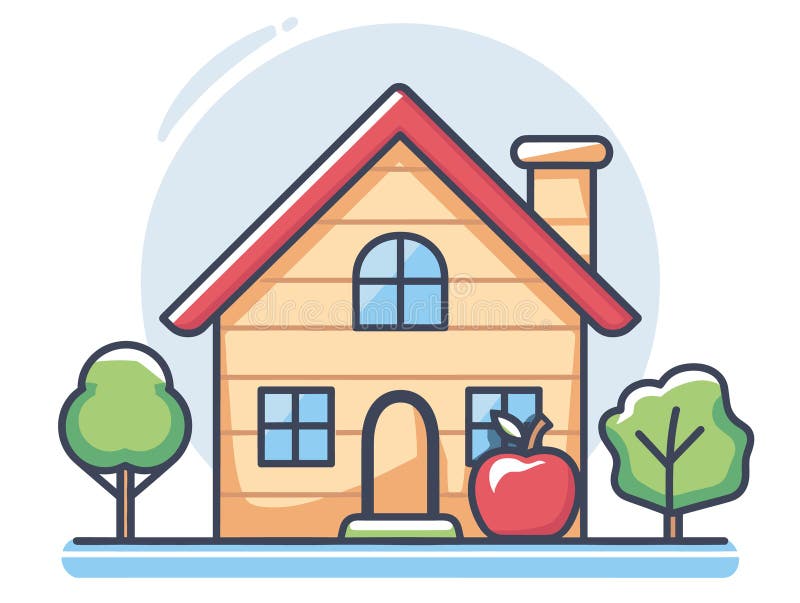 Ilustración de la casa de dibujos animados techo rojo chimenea ventanas azules rodeando dos árboles manzana roja libre illustration