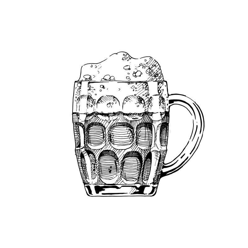 Beer in dimpled mug. Vector illustration of jug glass in ink hand drawn style. isolated on white. Beer in dimpled mug. Vector illustration of jug glass in ink hand drawn style. isolated on white.