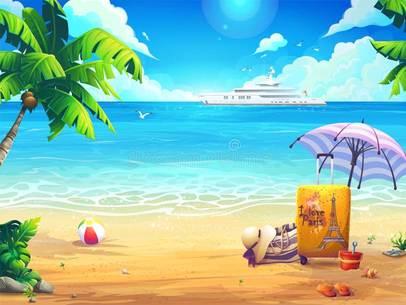 Ilustración de playa de verano con el transatlántico stock de ilustración