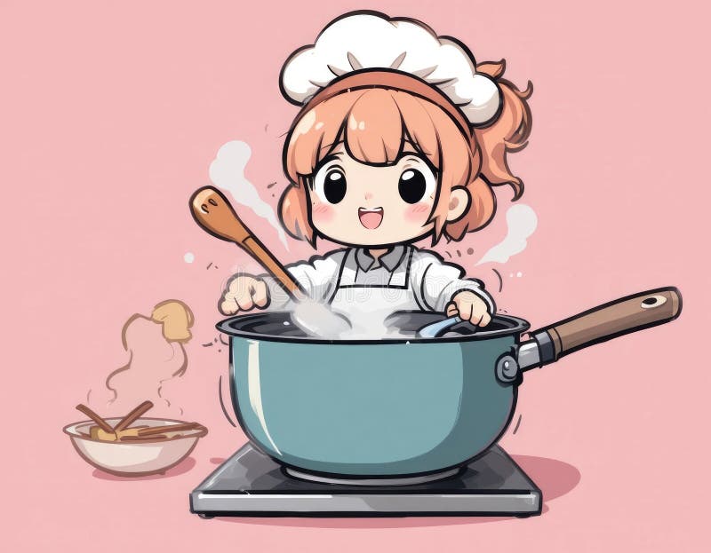 Ilustración de sopa de cocina de chef con fondo rosa y estilo anime stock de ilustración