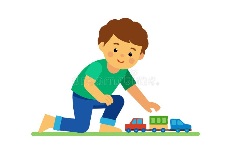 Ilustración de un niño jugando con un tren de juguete en el suelo ilustración del vector