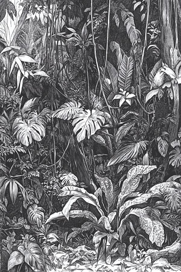 Ilustración de una densa escena de la jungla con follaje detallado y vida silvestre oculta en blanco y negro. stock de ilustración