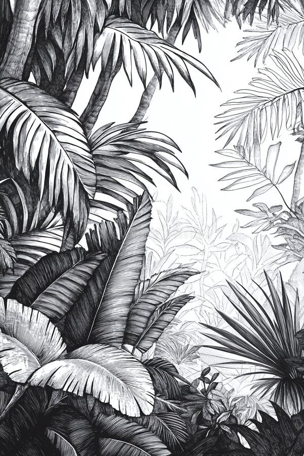 Ilustración de una densa escena de la jungla con follaje detallado y vida silvestre oculta en blanco y negro. stock de ilustración
