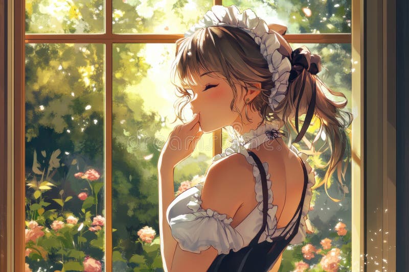 Ilustración de una encantadora criada de anime con pelo púrpura y ojos azules posando juguetonamente con sus manos en sus mejillas libre illustration