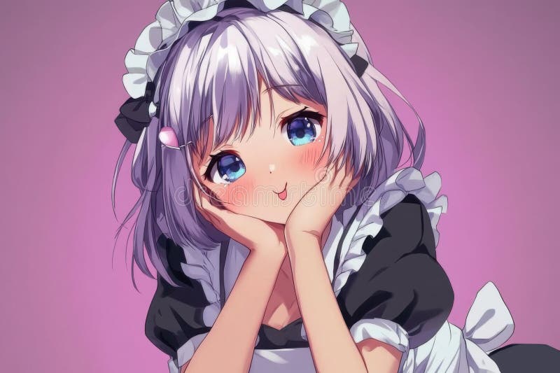 Ilustración de una encantadora criada de anime con pelo púrpura y ojos azules posando juguetonamente con sus manos en sus mejillas libre illustration