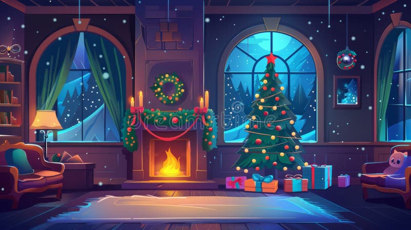 Ilustración de una habitación en la noche de navidad con una chimenea vacía, un árbol de abeto decorado con juguetes y resplandor imágenes de archivo libres de regalías