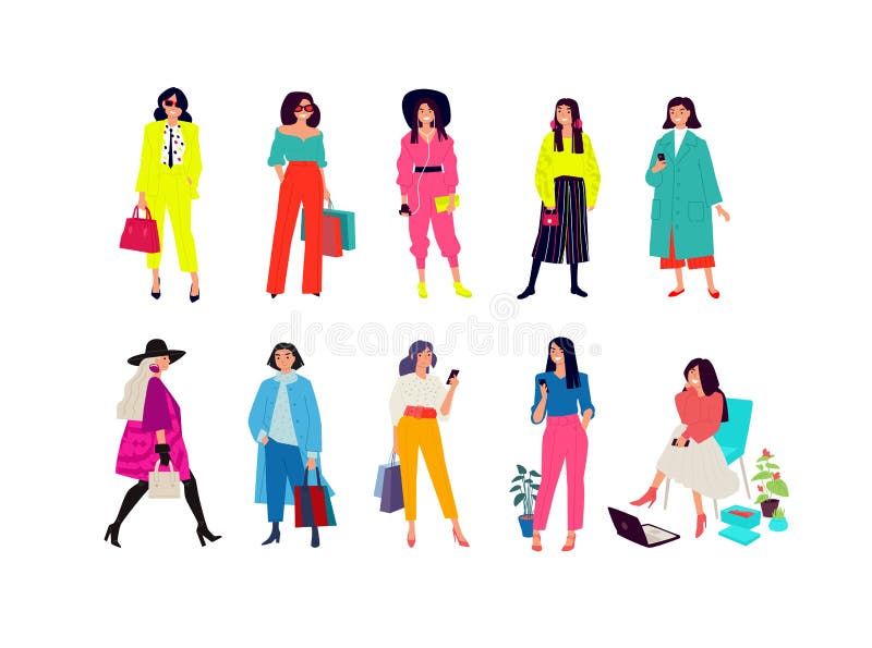 Ilustración de una joven de moda Vector Compradoras y comerciantes Niñas comunes y corrientes con teléfonos aislados en blanco ilustración del vector Ilustración de una joven de moda Vector Compradoras y comerciantes Niñas comunes y corrientes con teléfonos aislados en blanco ilustración del vector
