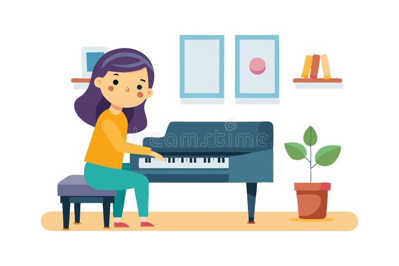 Ilustración de una joven tocando el piano en un acogedor ambiente familiar con plantas y libros stock de ilustración