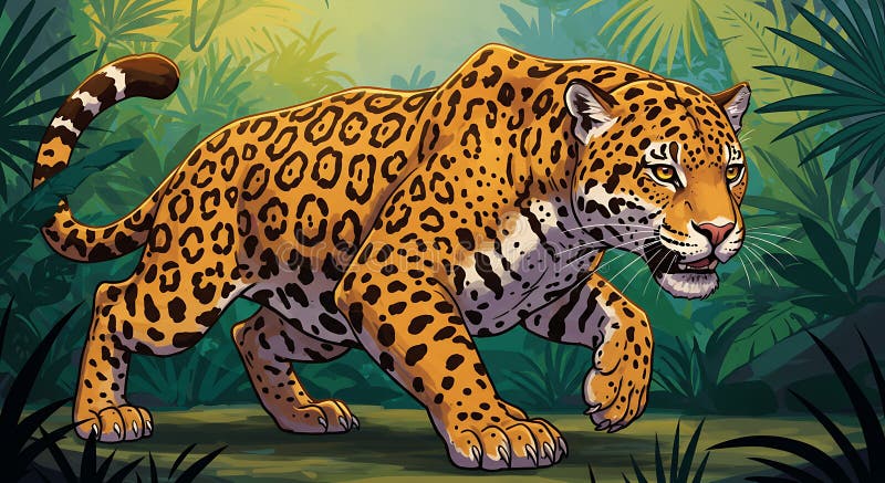 Ilustración de una onca jaguar Panthera caminando por una densa jungla. El jaguar stock de ilustración