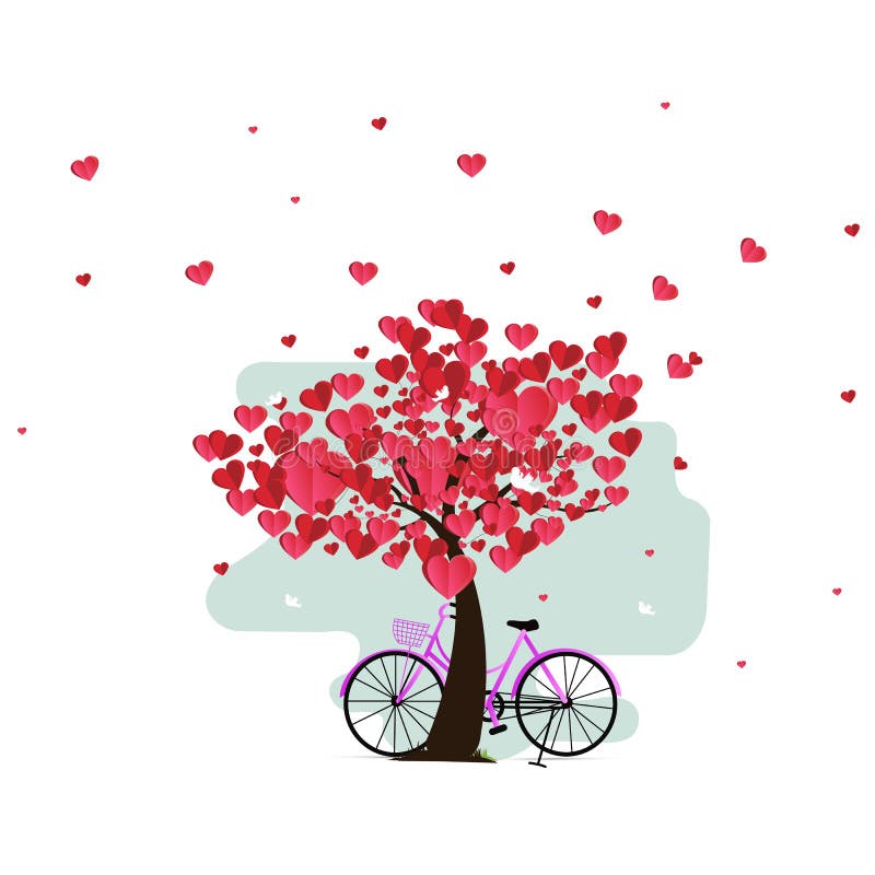 Ilustración del amor y el día de San Valentín, bicicleta y un árbol hecho de corazones arte de papel y estilo de artesanía digita stock de ilustración Ilustración del amor y el día de San Valentín, bicicleta y un árbol hecho de corazones arte de papel y estilo de artesanía digita stock de ilustración