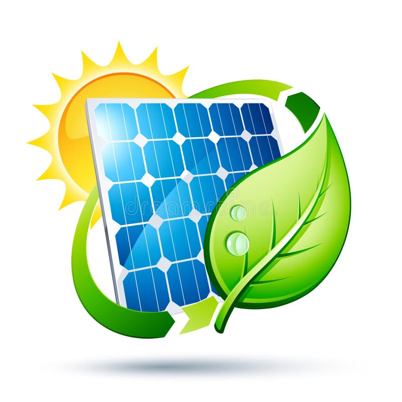 Artistic illustration of a solar panel with sun, green leaf and green symbol. Artistic illustration of a solar panel with sun, green leaf and green symbol.
