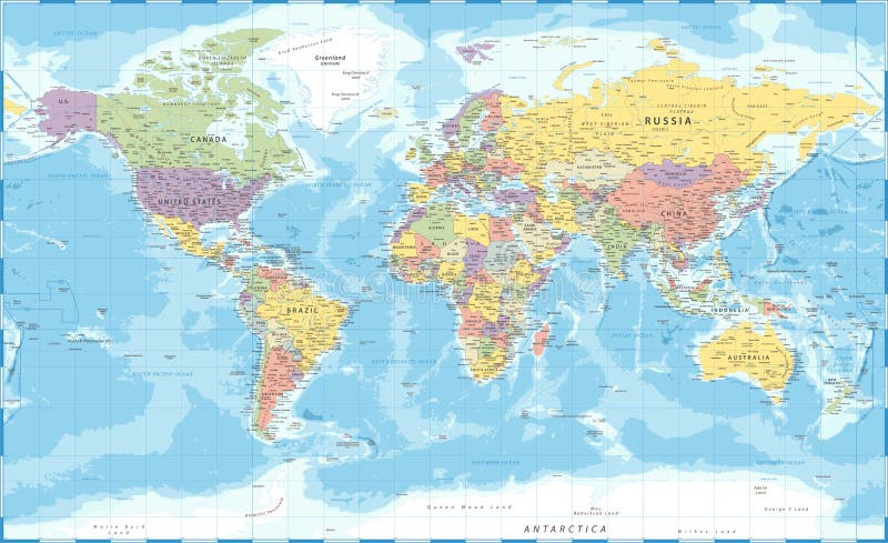 Ilustración detallada del vector político del mapa del mundo